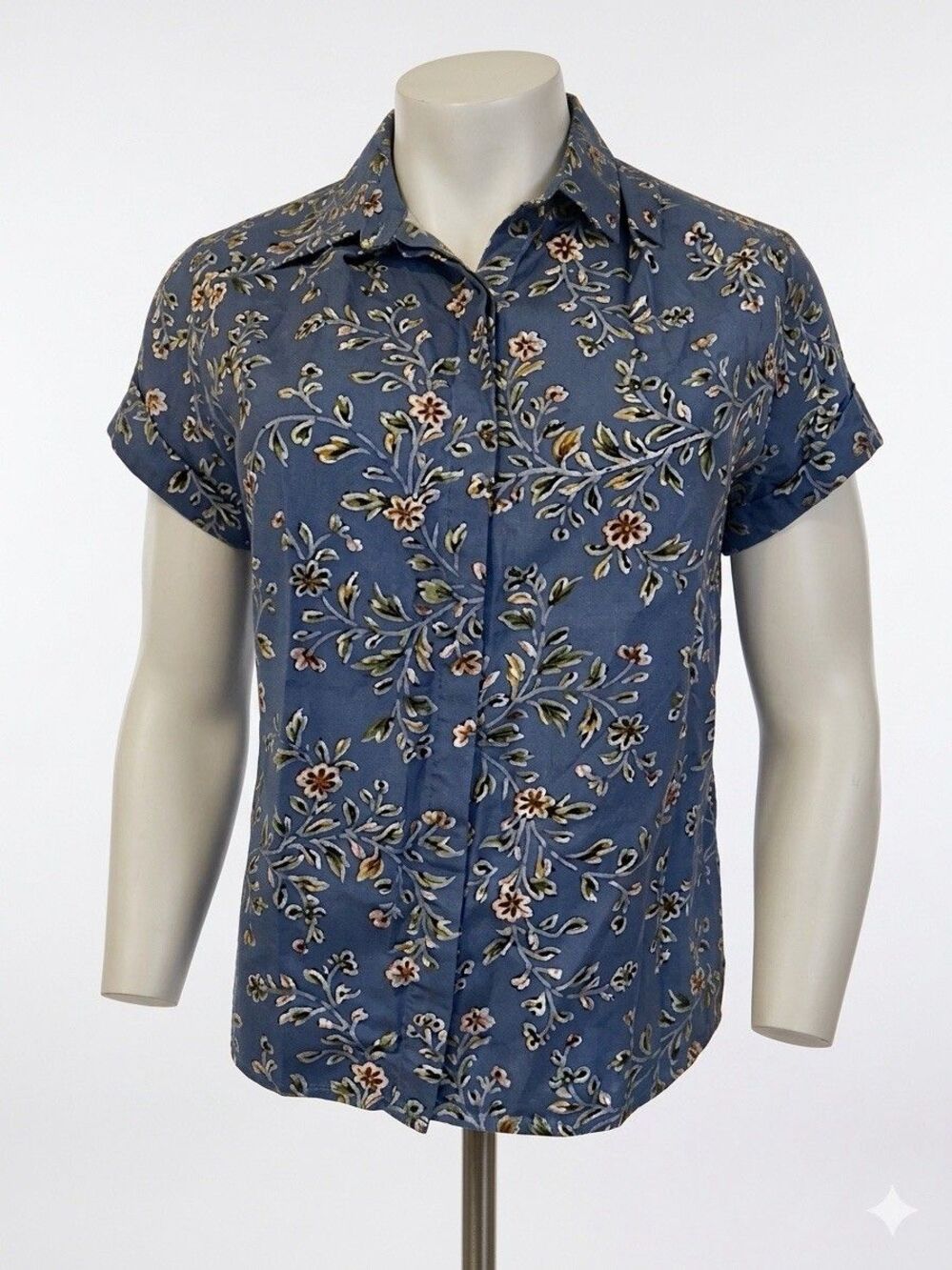 NWOT Alice Blue 100% silk blue short sleeve floral shirt size L